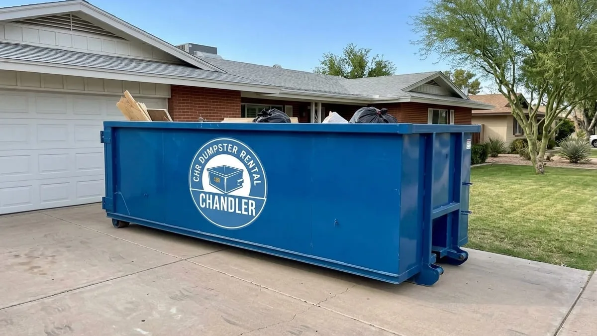 Dumpster rental in Chandler, AZ CHR Dumpster Rental roll-off dumpster being delivered to a Chandler, Arizona driveway
